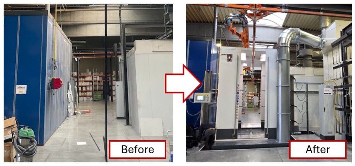 Dezelfde plaats voor en na de bouw van de automatische cabine